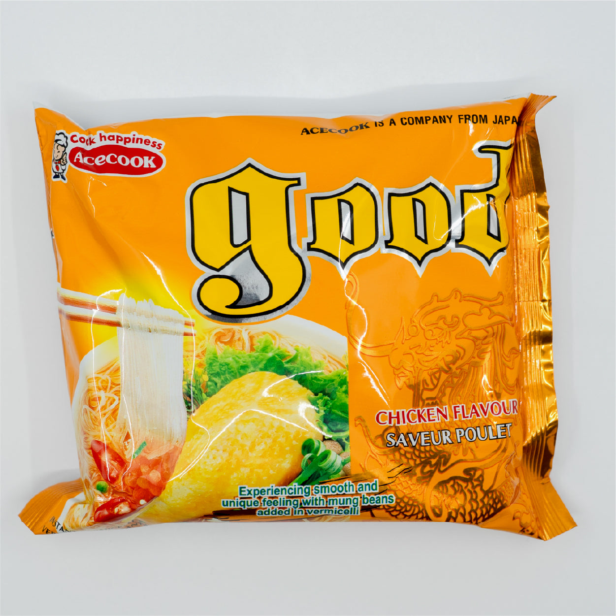 A package of Acecook Good Chicken Flavored Instant Ramen Noodles Soup Project Ramen noodles with chicken pieces and vegetables.