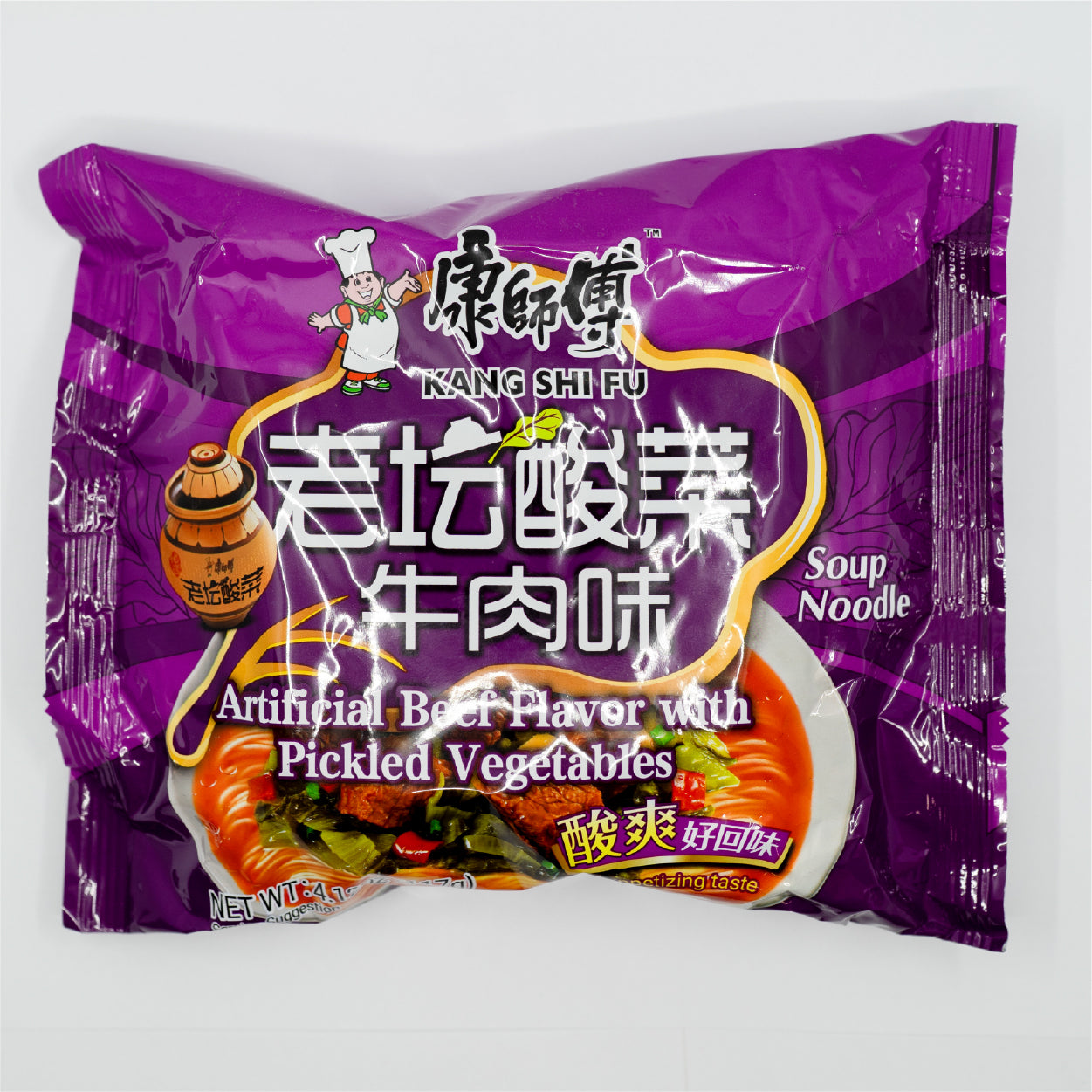 Packaged Kang Shi Fu instant ramen noodles with pickled vegetables and beef flavor
