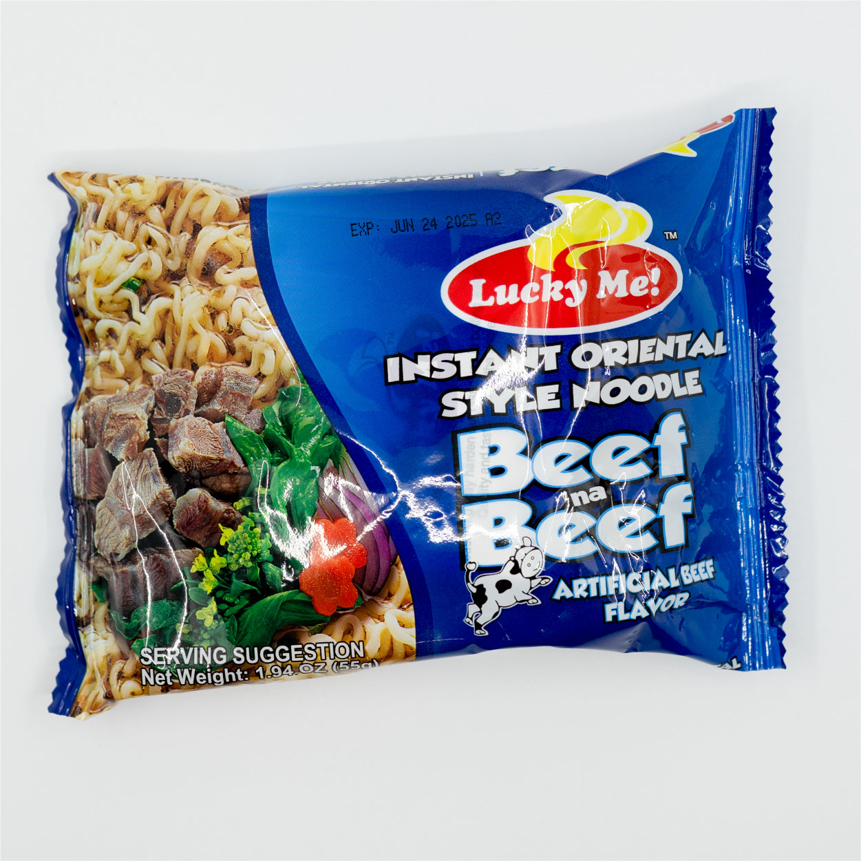 Packaging of Lucky Me Beef Flavored Instant Ramen Noodles Soup showing the noodles, beef pieces, and vegetables on the front.