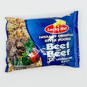 Packaging of Lucky Me Beef Flavored Instant Ramen Noodles Soup showing the noodles, beef pieces, and vegetables on the front.