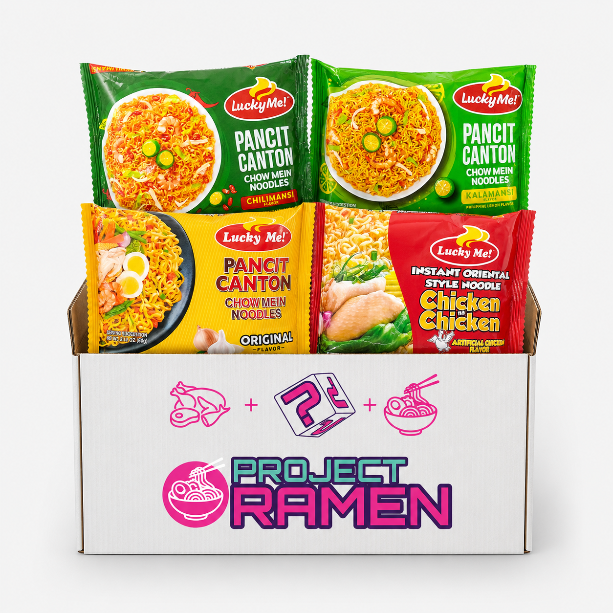Lucky Me Pancit Canton variety pack with assorted Filipino chow mein style instant noodles in Project Ramen box