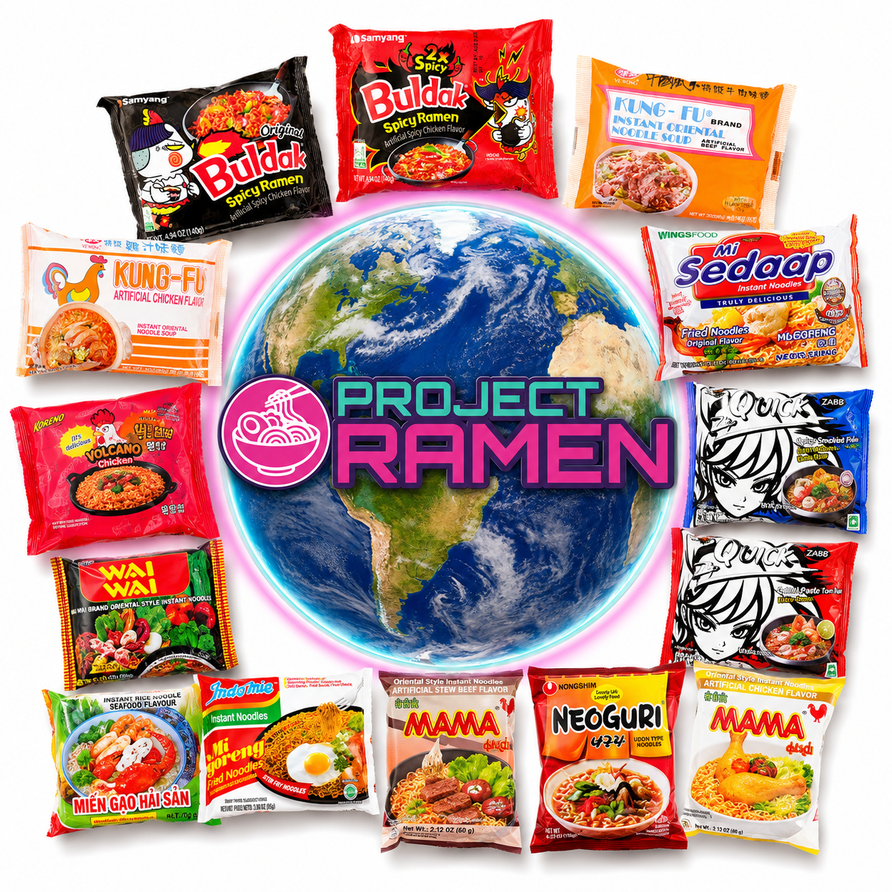 A collage of multiple instant ramen noodle packages arranged around a large globe graphic with the text 'PROJECT RAMEN' in the center. Visible package brands and flavors include Buldak, Seafood, Kung-Fi, Wai Wai, Mama, and Neoguri, Spicy Ramen, Instant Ramen