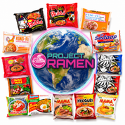A collage of multiple instant ramen noodle packages arranged around a large globe graphic with the text 'PROJECT RAMEN' in the center. Visible package brands and flavors include Buldak, Seafood, Kung-Fi, Wai Wai, Mama, and Neoguri, Spicy Ramen, Instant Ramen