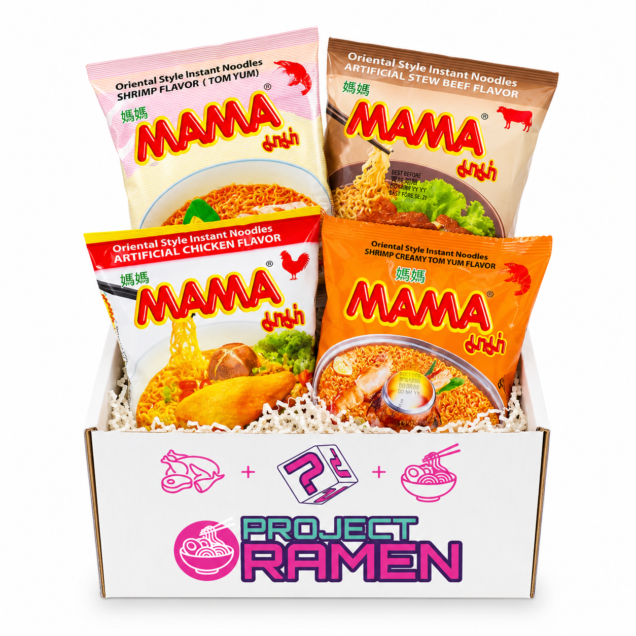 MAMA ramen variety bundle with assorted Thai instant noodle flavors displayed in a Project Ramen box