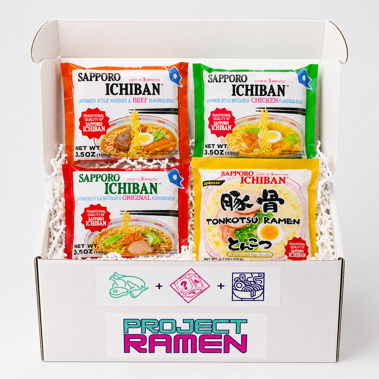 Sapporo Ichiban Japanese ramen variety bundle with assorted instant noodle flavors in Project Ramen box
