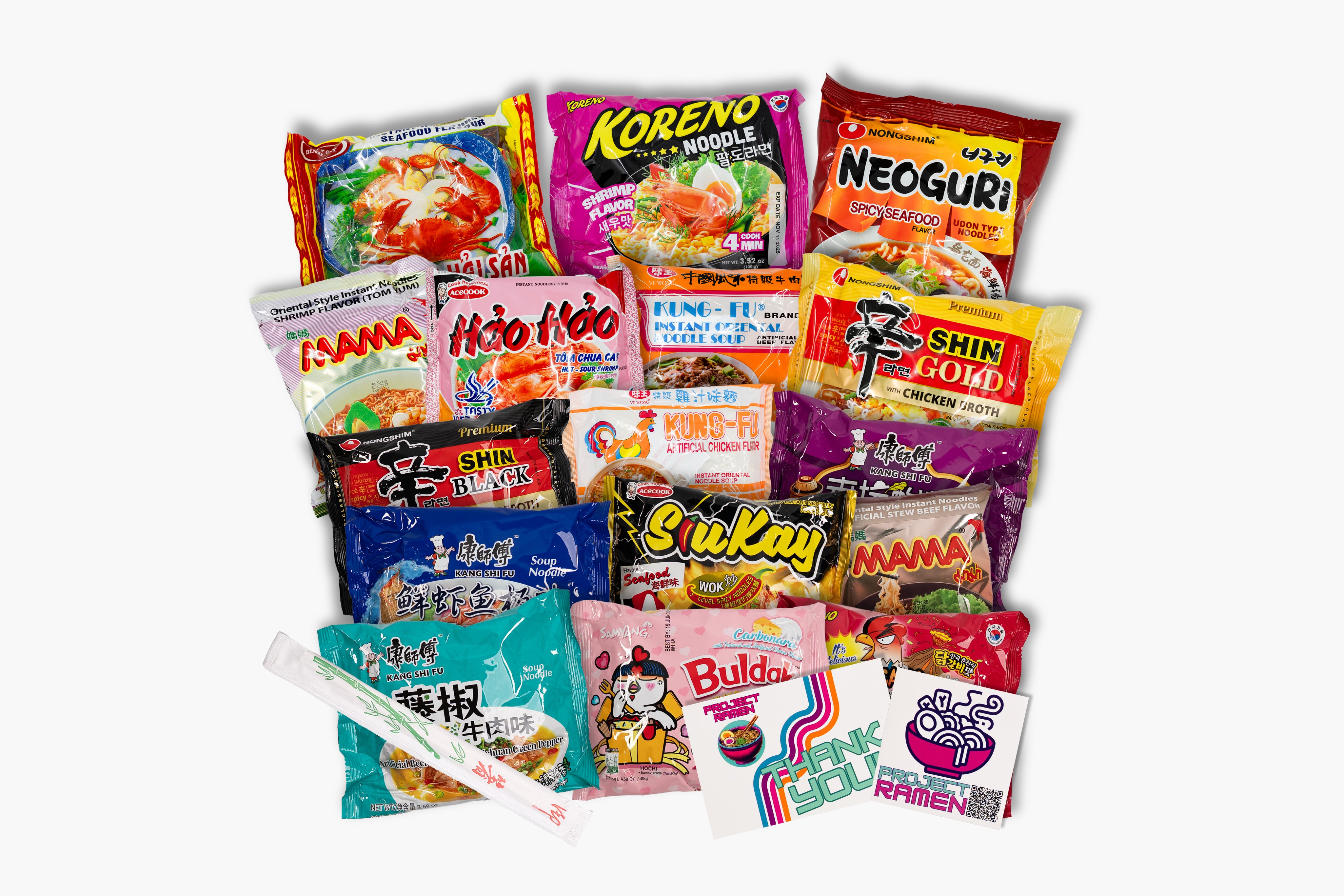 Instant ramen, online instant ramen shop, popular ramen brands, popular ramen flavors, ramen in bulk,variety instant ramen mystery gift box, Ramen variety box bundle gift box, instant ramen gift box, gift box, birthday holiday celebration gift, project ramen of Project Ramen with various ramen packets, 