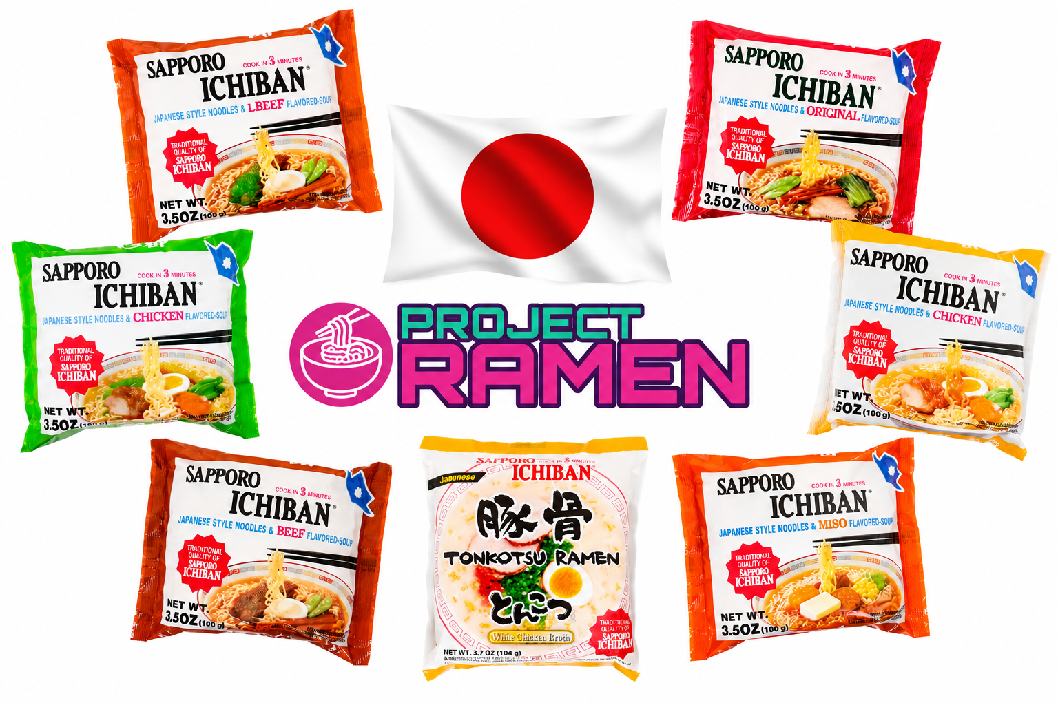 Sapporo Ichiban ramen packages arranged around a central Project Ramen logo and Japanese flag on a white background. Multiple flavor variants are shown, including orange, green, red, and white packaging.
