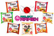 Sapporo Ichiban ramen packages arranged around a central Project Ramen logo and Japanese flag on a white background. Multiple flavor variants are shown, including orange, green, red, and white packaging.
