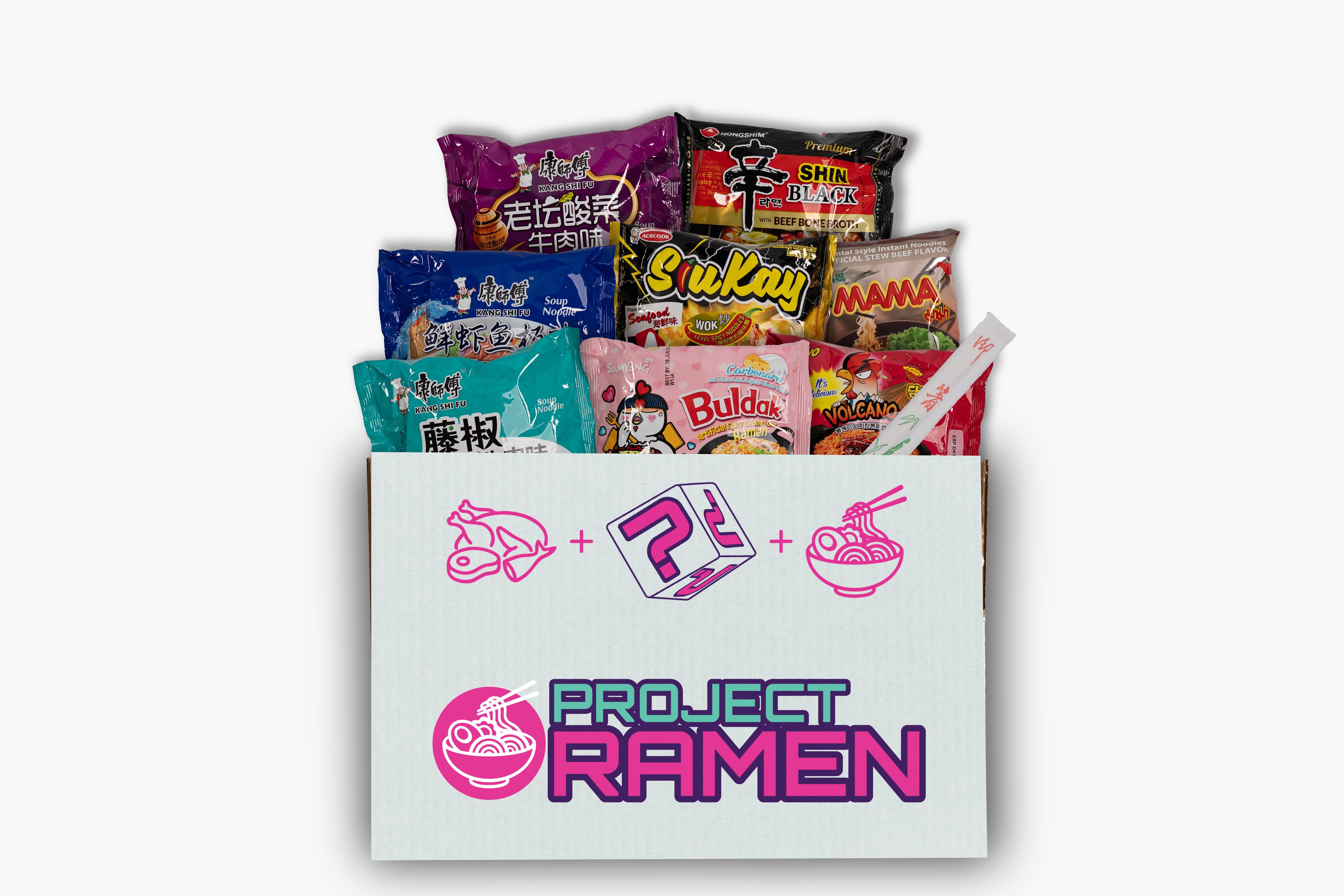 variety instant ramen mystery gift box, Ramen variety box bundle gift box, instant ramen gift box, gift box, birthday holiday celebration gift, project ramen of Project Ramen with various ramen packets, 