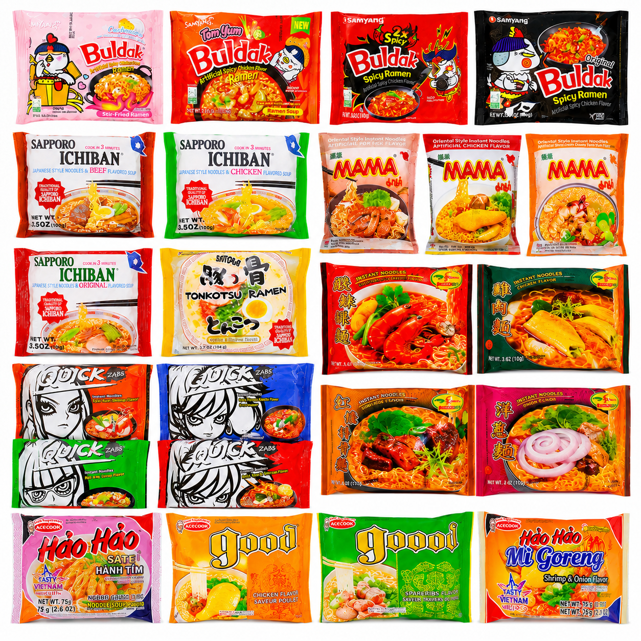 A grid of 24 instant ramen noodle packets from various brands including Buldak, Sapporo, Mama, and Good, sold on project ramen online ramen shop