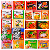 A grid of 24 instant ramen noodle packets from various brands including Buldak, Sapporo, Mama, and Good, sold on project ramen online ramen shop