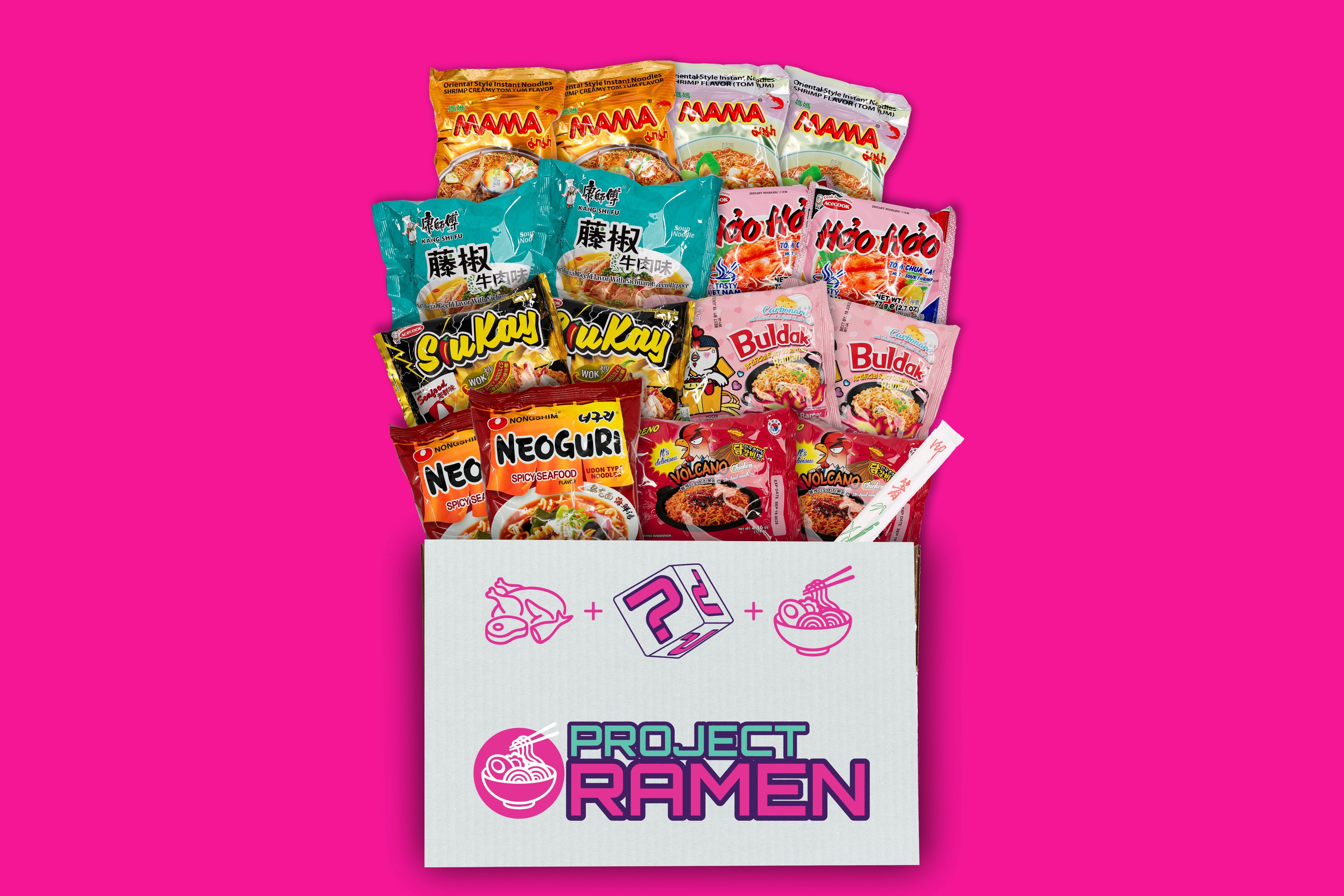 Spicy variety instant ramen mystery box, Ramen variety box bundle gift box, Project Ramen, spicy instant ramen gift box, gift box, birthday holiday celebration gift, project ramen