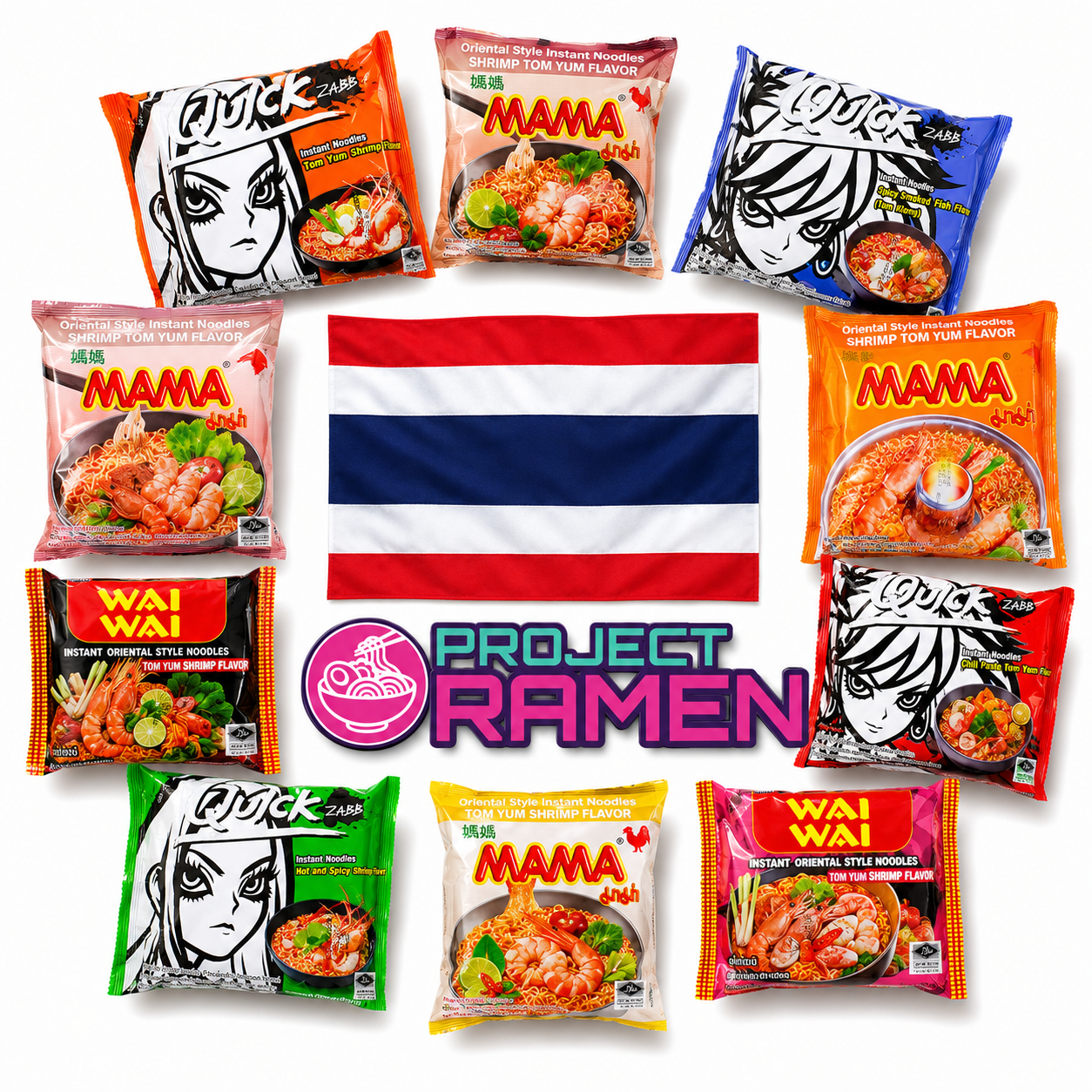 An assortment of Thai ramen noodle packages arranged around a central Thai flag, with a pink 'Project Ramen' shop at the bottom center. Visible package brands include Quick Zabb, Mama, and Wai Wai.