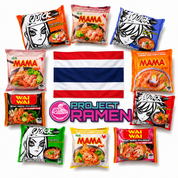 An assortment of Thai ramen noodle packages arranged around a central Thai flag, with a pink 'Project Ramen' shop at the bottom center. Visible package brands include Quick Zabb, Mama, and Wai Wai.