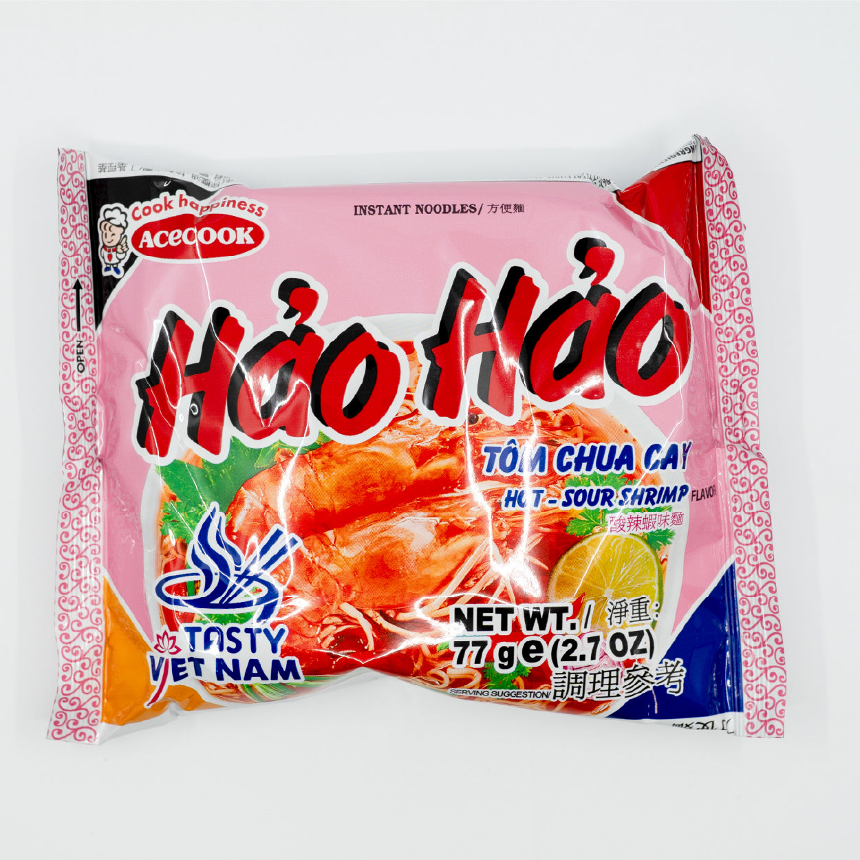 Packaging for Hao Hao Shrimp Tom Yum Hot and Spicy Flavored Instant Ramen Noodles. 