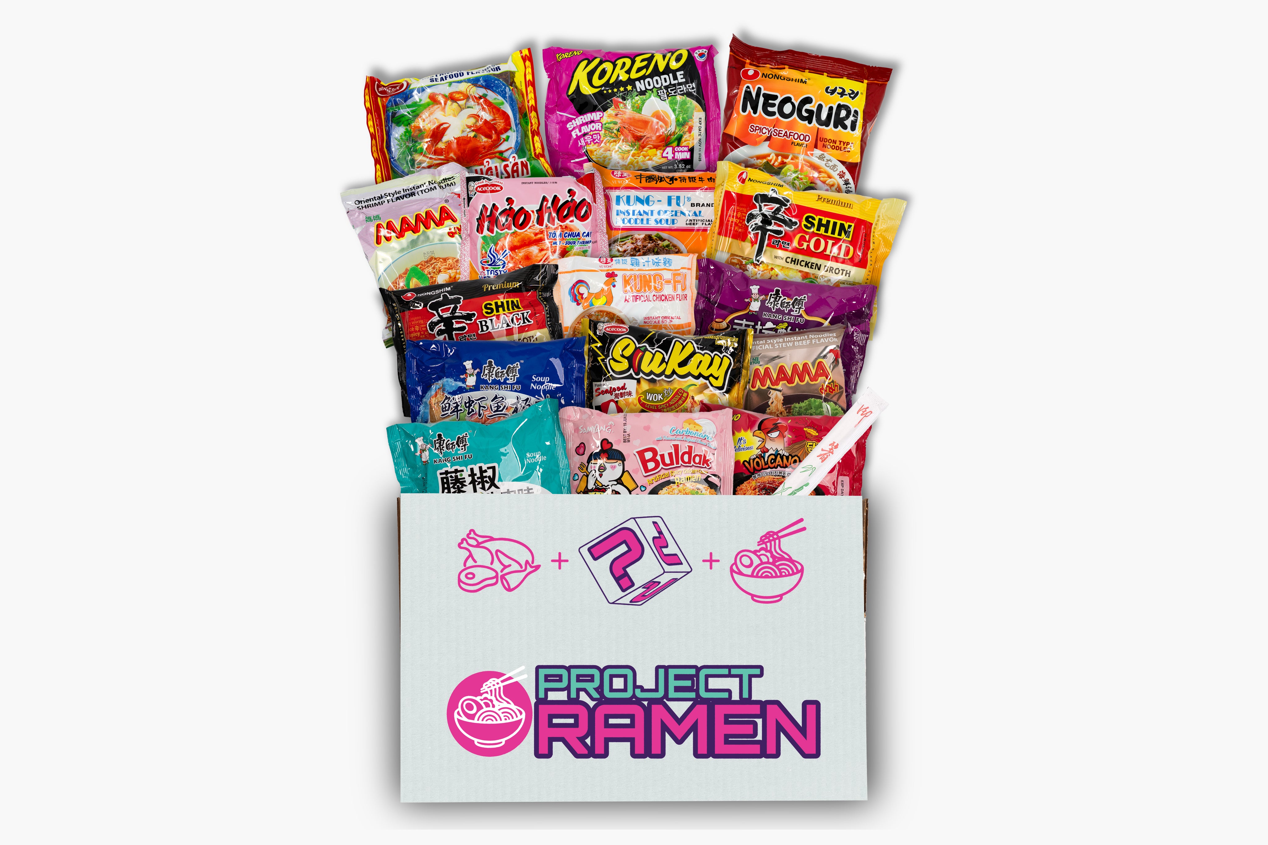 Box of Project Ramen with various ramen packets on a white background